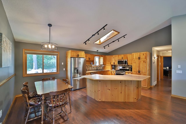 30467 Lakeview Dr, Breezy Point, MN 56472 - kitchen featuring stainless steel appliances, vaulted ceiling, rail lighting, dark wood-type flooring, and plenty of natural light