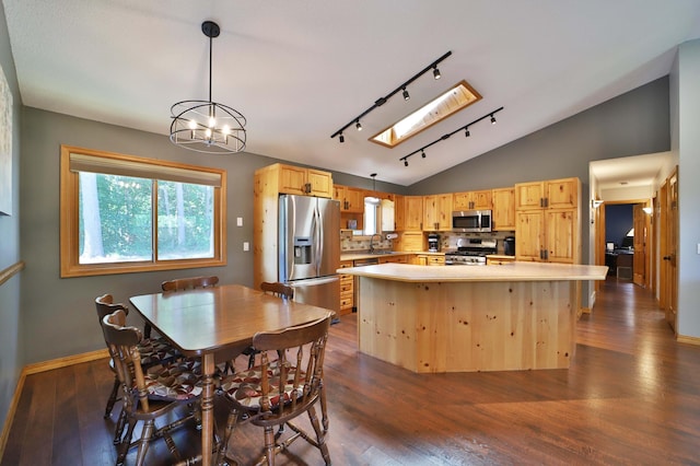 30467 Lakeview Dr, Breezy Point, MN 56472 - kitchen featuring appliances with stainless steel finishes, light brown cabinets, light countertops, a skylight, and track lighting