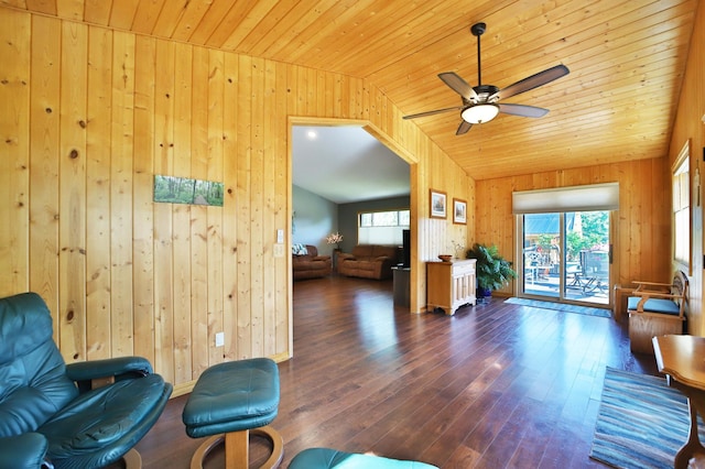 30467 Lakeview Dr, Breezy Point, MN 56472 - living room featuring wooden walls, vaulted ceiling, a ceiling fan, wood ceiling, and hardwood / wood-style floors