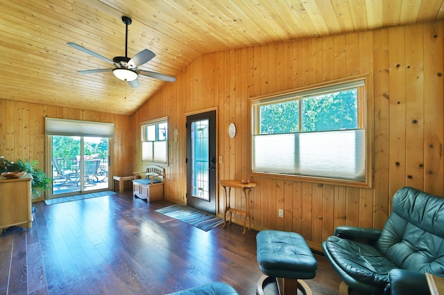 30467 Lakeview Dr, Breezy Point, MN 56472 - sitting room featuring lofted ceiling, wood walls, hardwood / wood-style floors, wood ceiling, and a ceiling fan