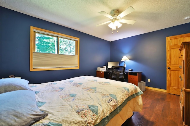 30467 Lakeview Dr, Breezy Point, MN 56472 - bedroom featuring dark wood-style flooring, a textured ceiling, and ceiling fan