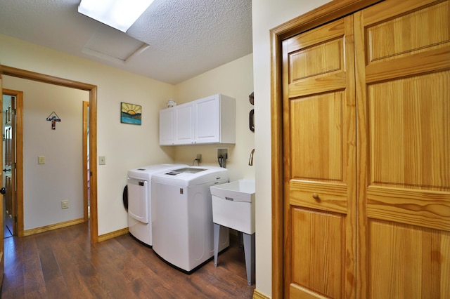 30467 Lakeview Dr, Breezy Point, MN 56472 - washroom featuring cabinet space, washer and clothes dryer, dark wood finished floors, attic access, and a textured ceiling