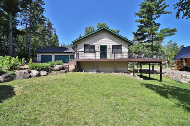 30467 Lakeview Dr, Breezy Point, MN 56472 - view of front facade featuring a wooden deck, a front yard, and a garage