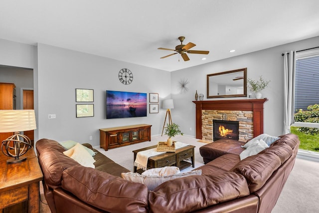 12346 Harvard Ave, Eden Prairie, MN 55347 - carpeted living area with a ceiling fan, recessed lighting, and a fireplace