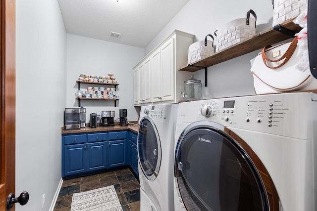 12346 Harvard Ave, Eden Prairie, MN 55347 - washroom featuring washing machine and clothes dryer, cabinet space, dark stone finish floors, and a textured ceiling