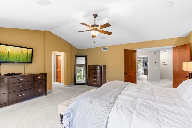 12346 Harvard Ave, Eden Prairie, MN 55347 - bedroom with light carpet, vaulted ceiling, multiple windows, and ceiling fan