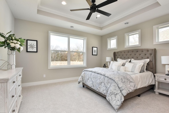 7617 Ocean Ave NE, Otsego, MN 55330 - bedroom featuring a raised ceiling, ornamental molding, light colored carpet, recessed lighting, and ceiling fan