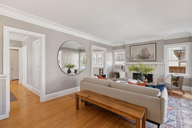 1770 Humboldt Ave S Unit 1, Minneapolis, MN 55403 - living area featuring crown molding, light wood-type flooring, cooling unit, and a brick fireplace
