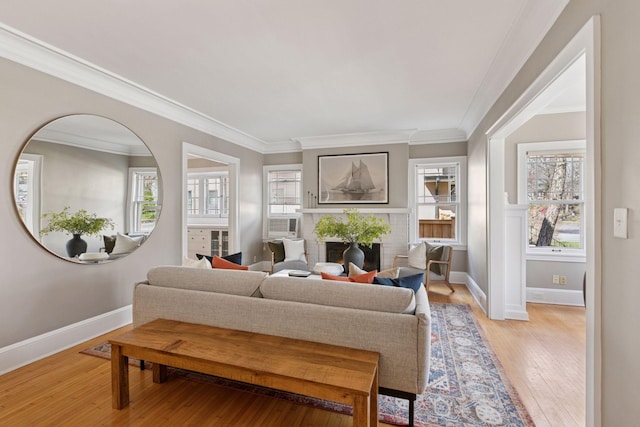 1770 Humboldt Ave S Unit 1, Minneapolis, MN 55403 - living area with light wood-style floors, crown molding, cooling unit, and a fireplace