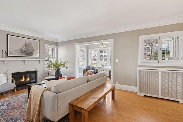 1770 Humboldt Ave S Unit 1, Minneapolis, MN 55403 - living area featuring radiator, crown molding, healthy amount of natural light, light wood finished floors, and a fireplace