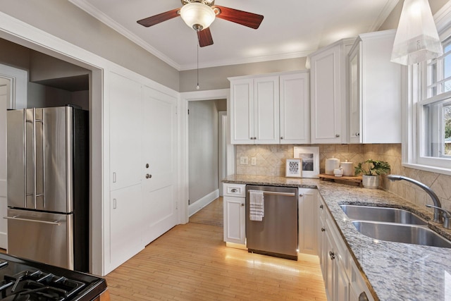 1770 Humboldt Ave S Unit 1, Minneapolis, MN 55403 - kitchen with appliances with stainless steel finishes, white cabinets, tasteful backsplash, a ceiling fan, and ornamental molding
