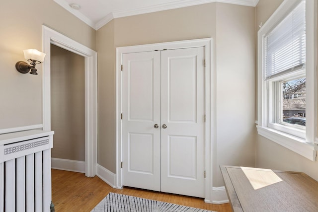 1770 Humboldt Ave S Unit 1, Minneapolis, MN 55403 - hall with light wood finished floors, ornamental molding, and radiator