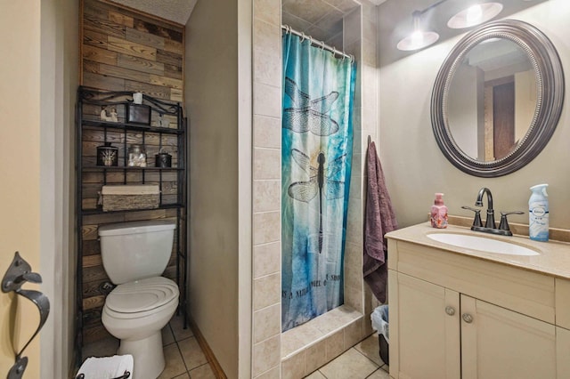 4745 Patterson Trl, Brainerd, MN 56401 - bathroom with tile patterned flooring, vanity, tiled shower, and wood walls
