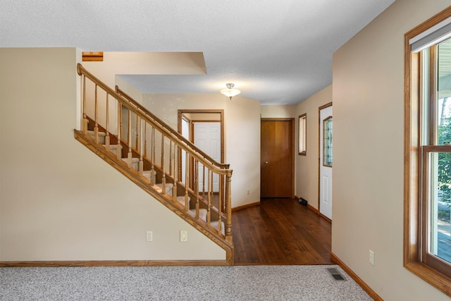 621 Twelve Oaks Ln, Hudson, WI 54016 - carpeted foyer entrance featuring plenty of natural light, stairs, a textured ceiling, and wood finished floors