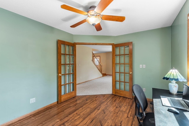 621 Twelve Oaks Ln, Hudson, WI 54016 - home office featuring wood finished floors, french doors, and ceiling fan
