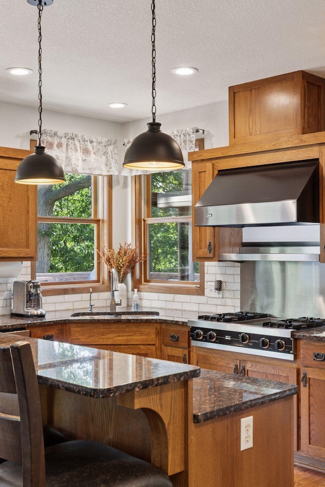 11985 Lever Ct NE, Blaine, MN 55449 - kitchen featuring range hood, stainless steel gas cooktop, hanging light fixtures, tasteful backsplash, and a textured ceiling