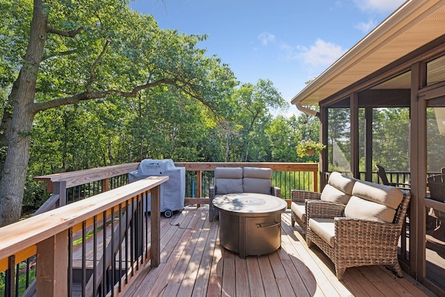 11985 Lever Ct NE, Blaine, MN 55449 - deck with grilling area, an outdoor living space, and a sunroom