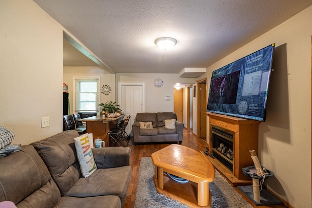 803 5th St, Winona, MN 55987 - living area with wood finished floors, a textured ceiling, and a fireplace