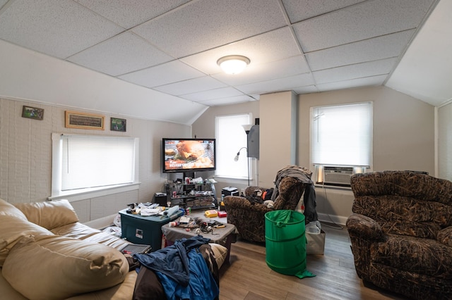 803 5th St, Winona, MN 55987 - living area with wood finished floors, vaulted ceiling, plenty of natural light, a paneled ceiling, and cooling unit