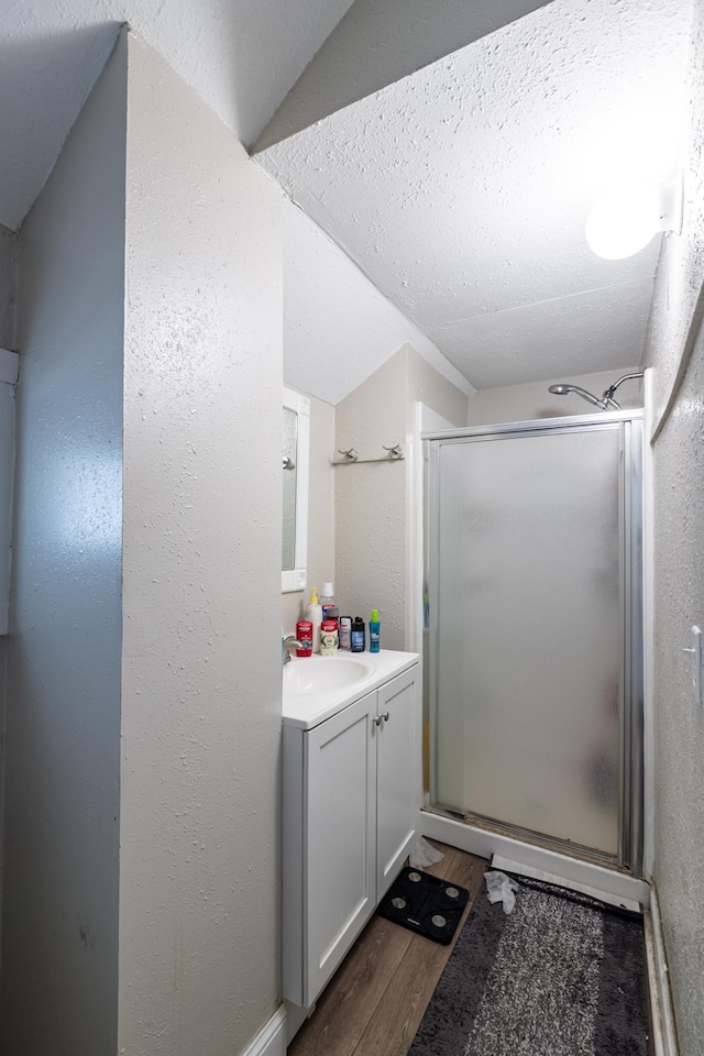 803 5th St, Winona, MN 55987 - bathroom with vanity, wood finished floors, a shower stall, and a textured ceiling