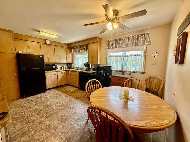 905 Clausen Ave, Albert Lea, MN 56007 - kitchen featuring black appliances, a ceiling fan, light brown cabinetry, and light countertops