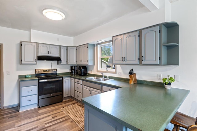 602 8th St NW, Chisholm, MN 55719 - kitchen with stainless steel range with electric cooktop, under cabinet range hood, a peninsula, gray cabinetry, and dark countertops