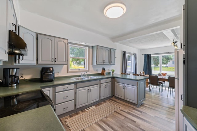 602 8th St NW, Chisholm, MN 55719 - kitchen featuring gray cabinetry, range hood, a peninsula, and light wood-style flooring
