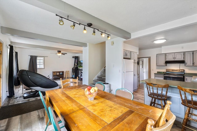 602 8th St NW, Chisholm, MN 55719 - dining room with wood finished floors, stairway, a ceiling fan, and track lighting