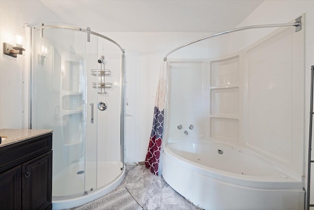 602 8th St NW, Chisholm, MN 55719 - full bathroom with a stall shower, a tub with jets, vanity, and marble finish floors