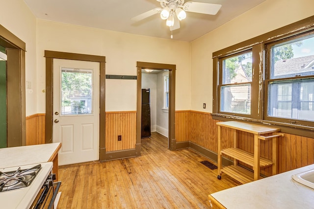 3916 37th Ave S, Minneapolis, MN 55406 - dining space with wainscoting, plenty of natural light, light wood-style flooring, a ceiling fan, and wood walls