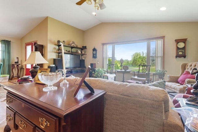 322 Central Ave N, Eagle Bend, MN 56446 - living room with lofted ceiling, healthy amount of natural light, and a ceiling fan