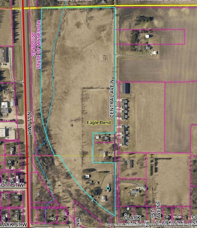322 Central Ave N, Eagle Bend, MN 56446 - aerial view of property's location featuring property parcel outlined