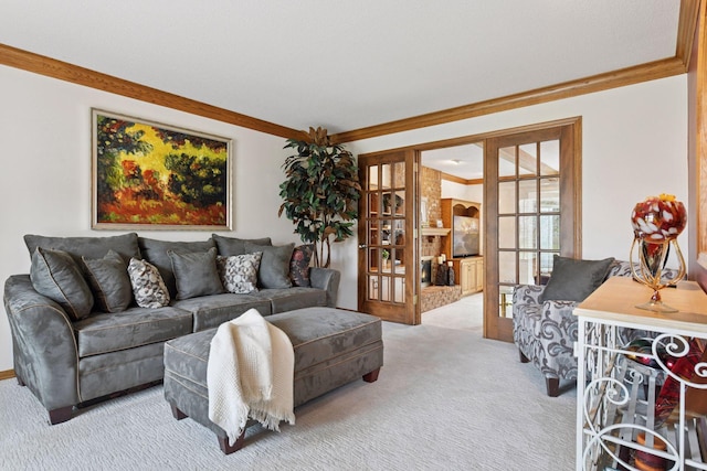 3600 Wedgewood Ln N, Plymouth, MN 55441 - living room featuring french doors, carpet, and crown molding
