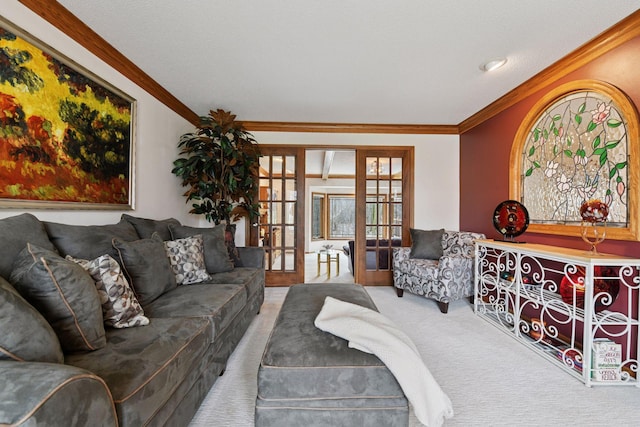3600 Wedgewood Ln N, Plymouth, MN 55441 - living area featuring french doors, ornamental molding, and carpet