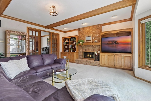 3600 Wedgewood Ln N, Plymouth, MN 55441 - carpeted living area featuring beamed ceiling, a brick fireplace, ornamental molding, and french doors