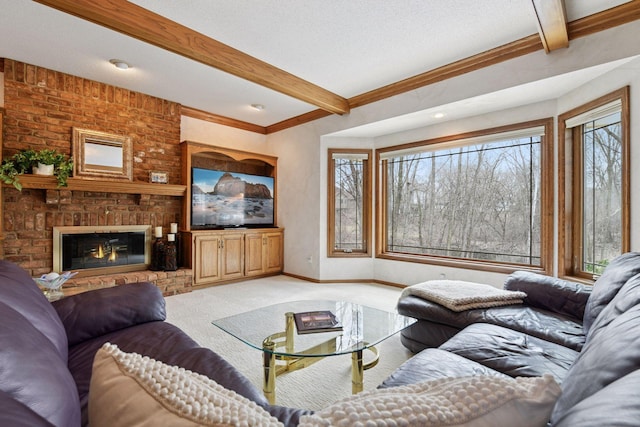 3600 Wedgewood Ln N, Plymouth, MN 55441 - carpeted living area with beam ceiling and a brick fireplace