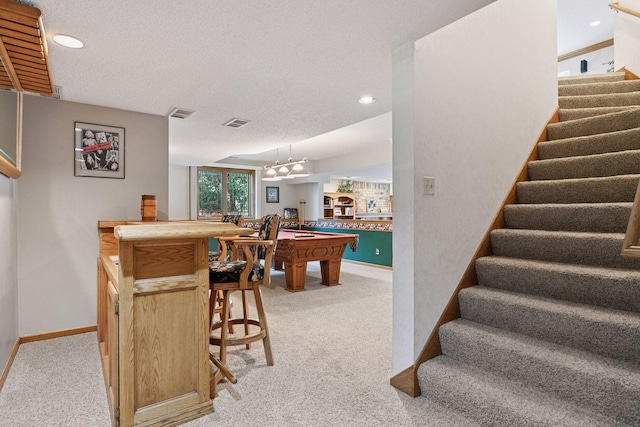 3600 Wedgewood Ln N, Plymouth, MN 55441 - interior space featuring light carpet, stairway, pool table, recessed lighting, and a textured ceiling