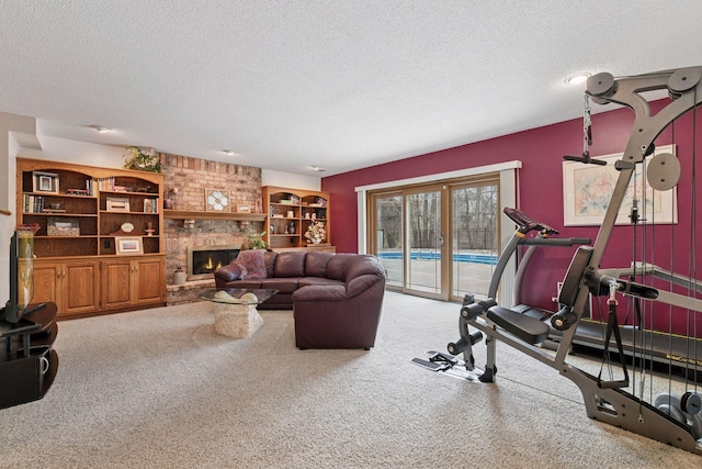 3600 Wedgewood Ln N, Plymouth, MN 55441 - living room featuring a textured ceiling, carpet, and a brick fireplace