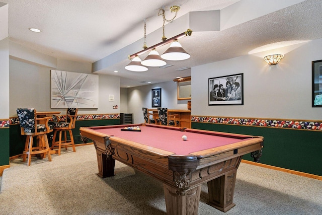 3600 Wedgewood Ln N, Plymouth, MN 55441 - recreation room with carpet, pool table, a bar, recessed lighting, and a textured ceiling