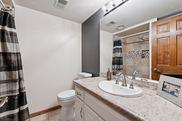 3600 Wedgewood Ln N, Plymouth, MN 55441 - bathroom featuring vanity, a shower with curtain, a textured ceiling, and tile patterned flooring