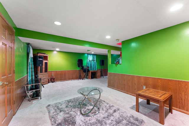 7609 James Ave N, Brooklyn Park, MN 55444 - living room with a wainscoted wall, wooden walls, carpet flooring, and recessed lighting