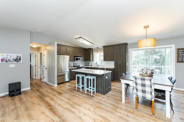 2 Lillie Ln SE, Pine Island, MN 55963 - kitchen featuring stainless steel appliances, dark brown cabinetry, a kitchen island, light countertops, and light wood finished floors