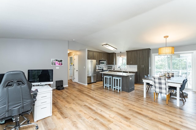 2 Lillie Ln SE, Pine Island, MN 55963 - kitchen with stainless steel appliances, dark brown cabinetry, a center island, vaulted ceiling, and light wood-style flooring
