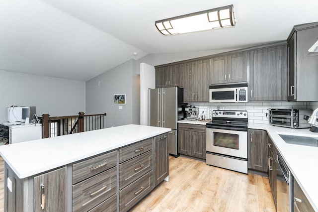 2 Lillie Ln SE, Pine Island, MN 55963 - kitchen with stainless steel appliances, vaulted ceiling, light wood-type flooring, tasteful backsplash, and dark brown cabinets
