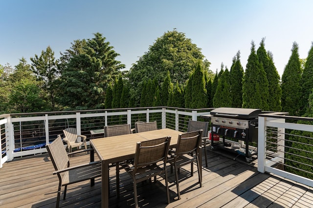 2 Lillie Ln SE, Pine Island, MN 55963 - wooden deck featuring area for grilling, outdoor dining space, and a forest view