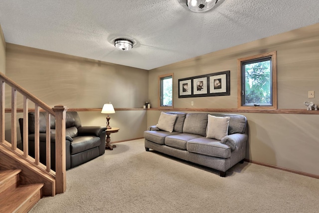 6 Pleasant View Ln, Circle Pines, MN 55014 - carpeted living room with stairs and a textured ceiling