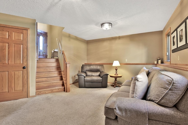 6 Pleasant View Ln, Circle Pines, MN 55014 - carpeted living room featuring a textured ceiling and stairs
