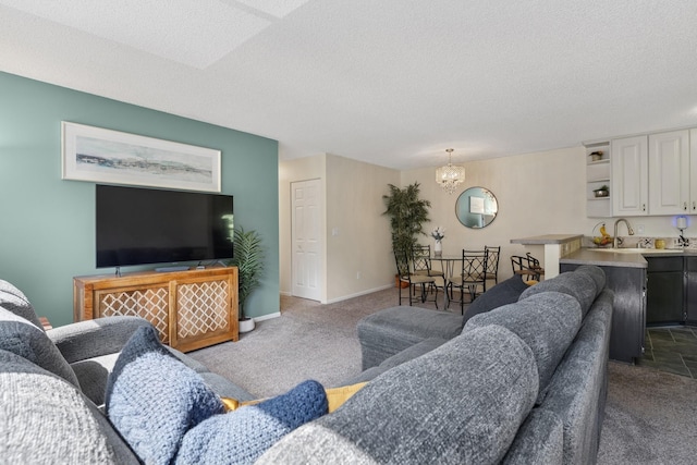 13525 Zenith Ln, Eden Prairie, MN 55346 - living room featuring carpet, a chandelier, and a textured ceiling