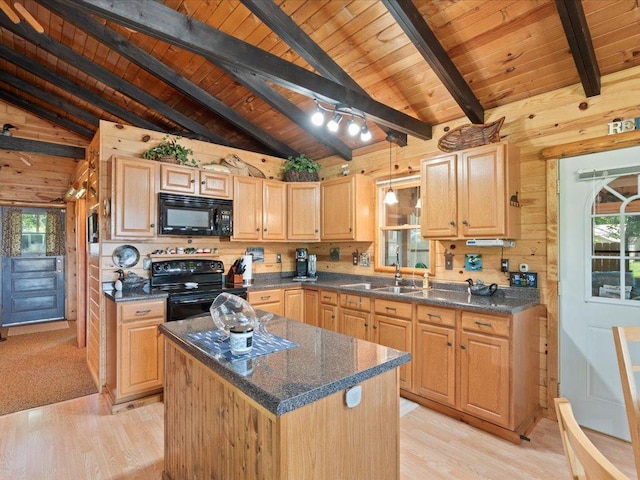 26803 Pelican Beach Rd, Merrifield, MN 56465 - kitchen featuring black appliances, light wood-type flooring, wooden walls, wood ceiling, and light brown cabinets