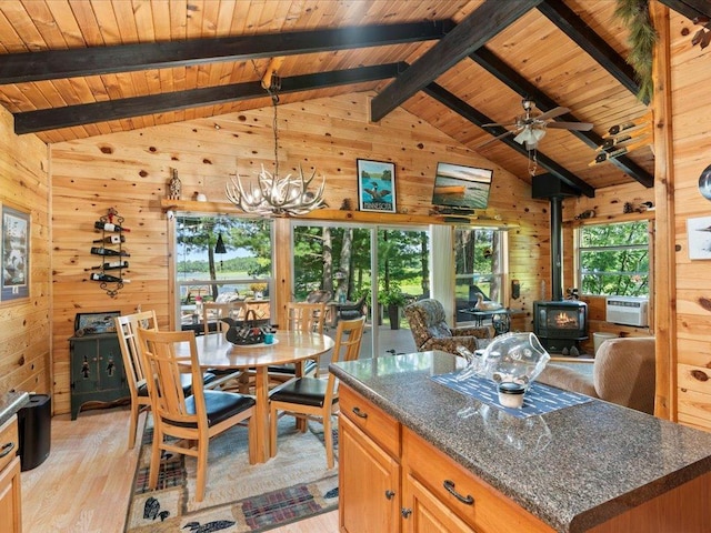 26803 Pelican Beach Rd, Merrifield, MN 56465 - kitchen featuring a wood stove, wood walls, a wooden ceiling with exposed beams, light wood finished floors, and open floor plan